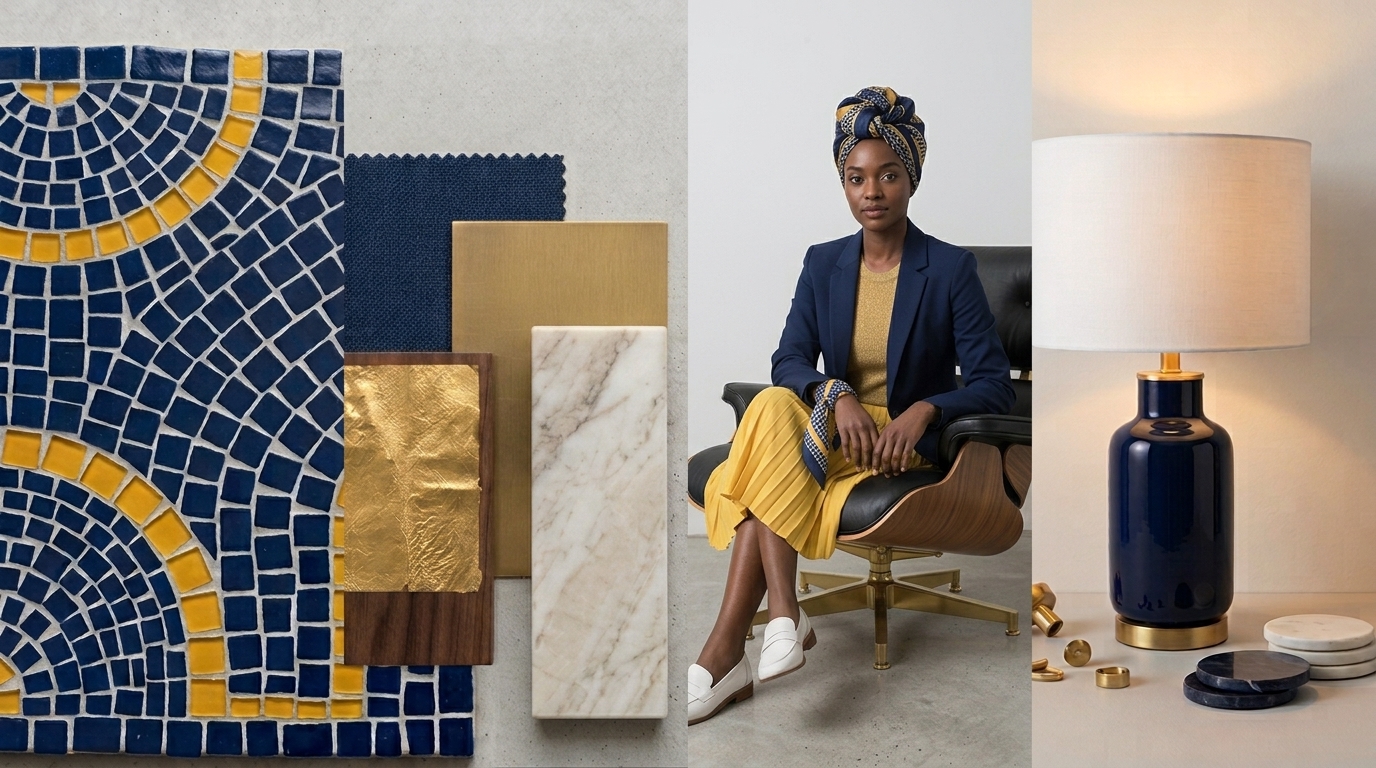 Brand inspiration moodboard: navy and gold mosaic, brushed brass, marble, ceramic lamp