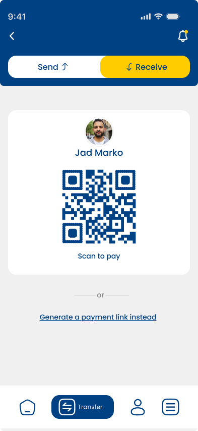 Receive money, scan to pay QR screen