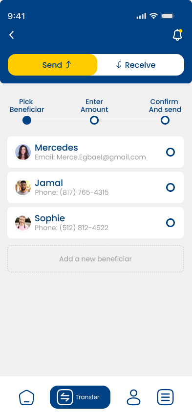 Send money, pick a beneficiary step