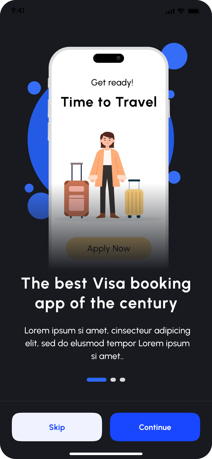 Visafasty welcome screen, dark mode