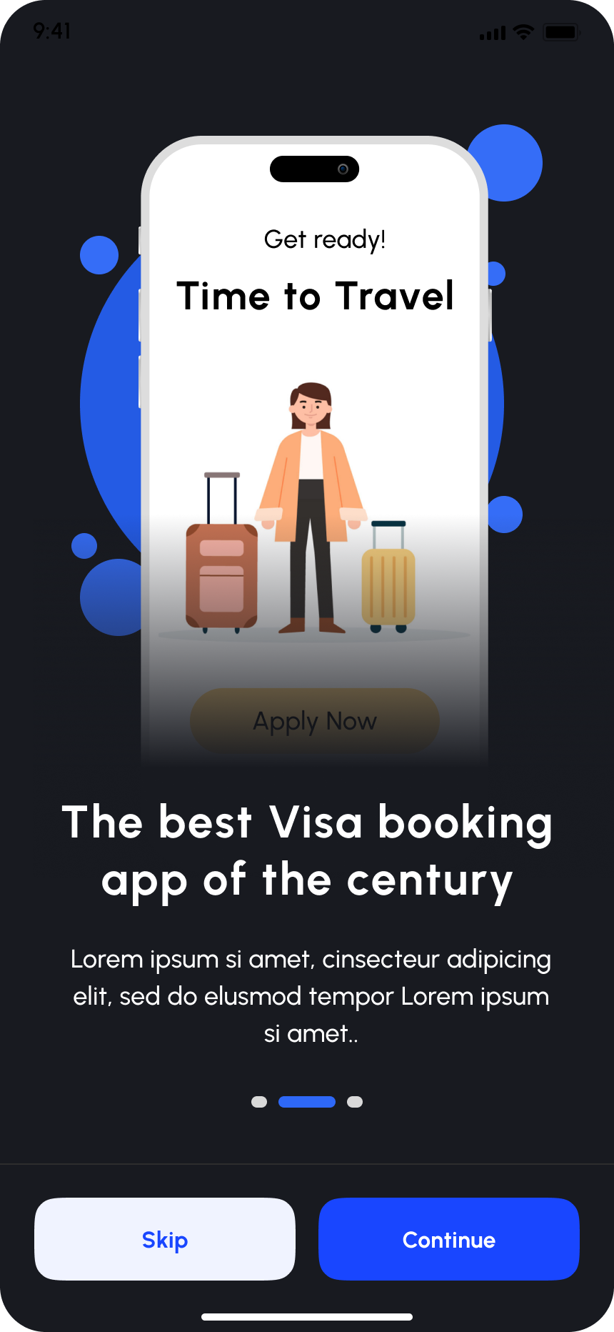 Visafasty onboarding step 1, dark mode