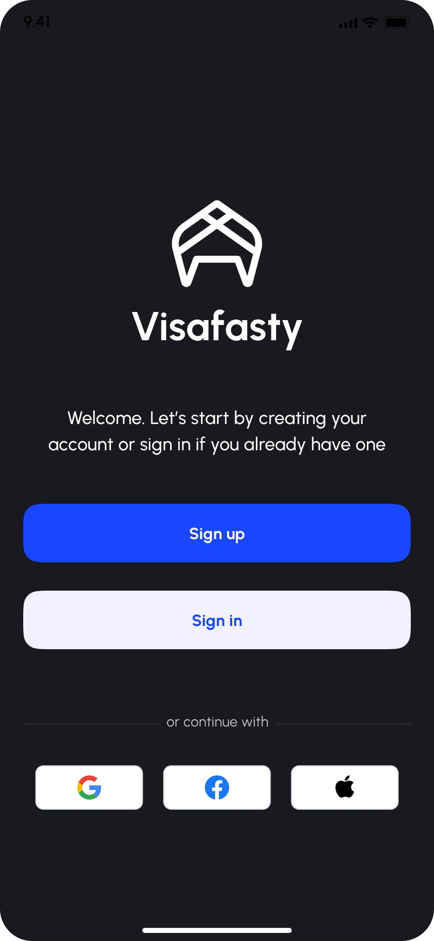 Visafasty onboarding step 3, dark mode